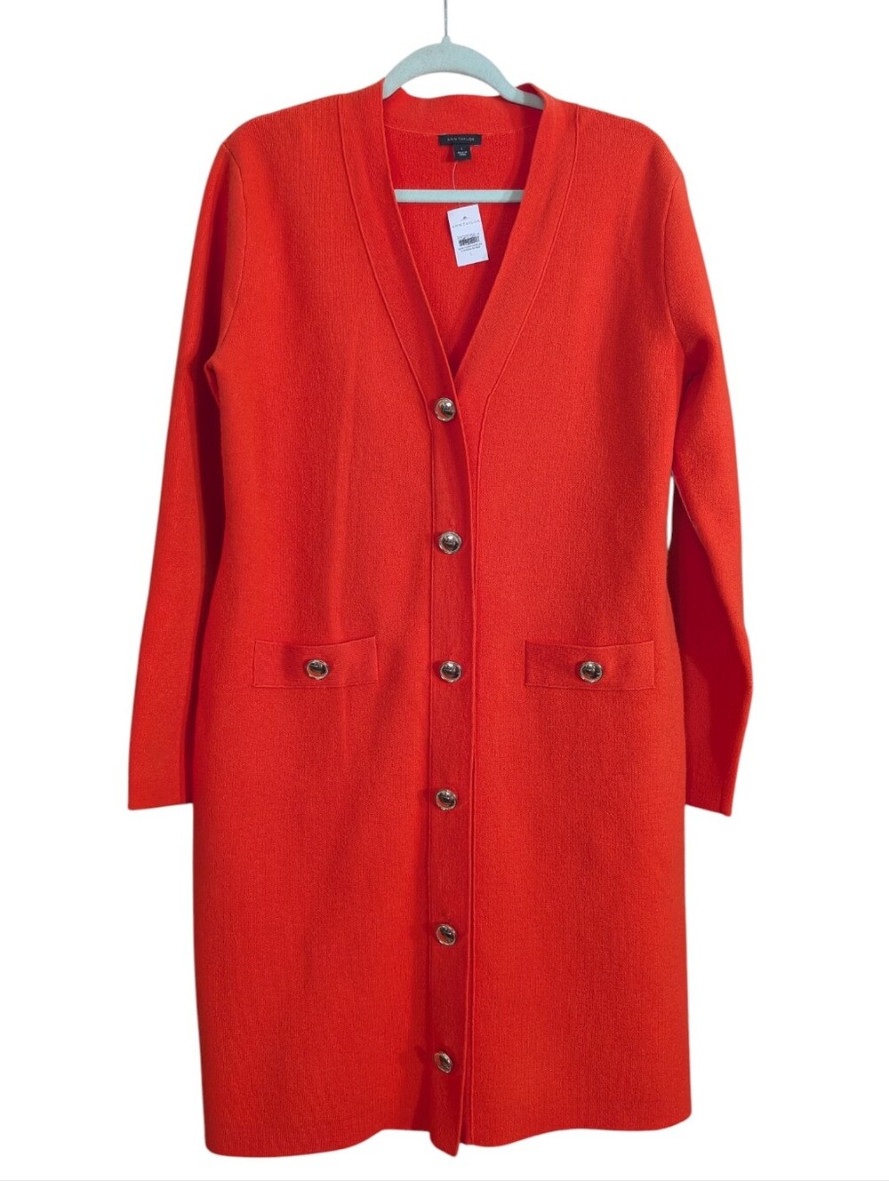 Ann Taylor Longline Sweater Dress Cardigan NWT Red - Orange Button Front SzLarge - Picture 2 of 10